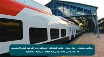 مواعيد مهمة.. إليك جدول رحلات قطارات الإسكندرية والقاهرة ليوم الخميس 28 أغسطس 2025 وأبرز المحطات الزمنية المنتظرة.